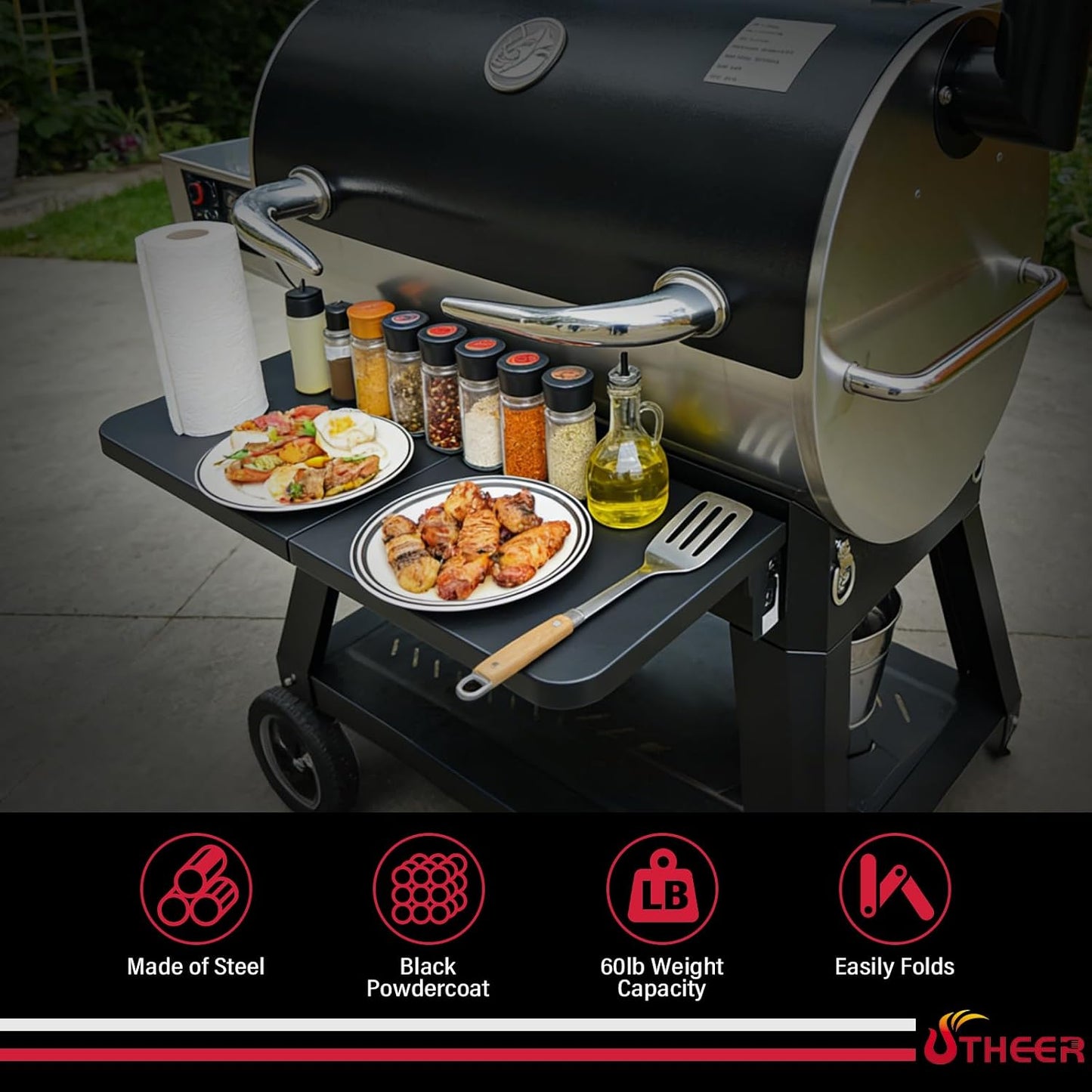Upgraded Grill Table for Weber Kettle 22"/18"/26", Master Touch 22", Smokey Mountain, Recteq Pellet Grill RT-B380, Prep Station with Cutting Board, Basin, 4 Hooks, Shelf for Weber Kettle Accessories