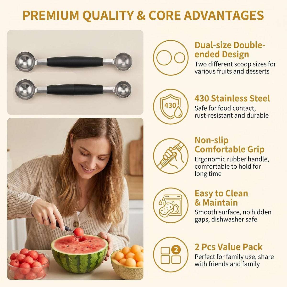 2 Pcs Stainless Steel Double-Ended Melon Baller Scoop