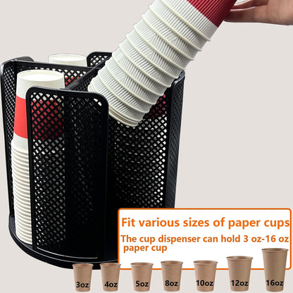Paper Cup and Lid Holder, Rotatable Coffee Cup Dispenser fit 5-16oz Disposable Cups Organizer, Plastic Cup Storage Rack for Countertop, Coffee Shop, Station, Bar, Office,Kitchen, Black