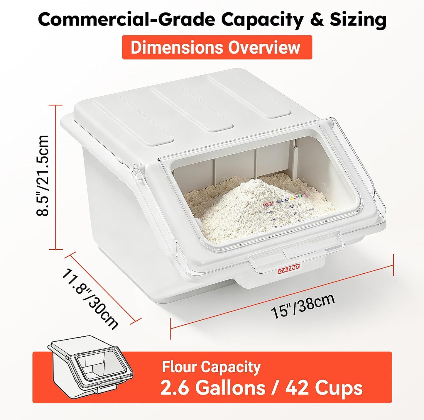 2.6 Gallon / 42 Cup Commercial Shelf Ingredient Bin with Scoop, Stackable Food Storage Container with Clear Flip Lid, Built-in FIFO Label and One-Hand Access for Flour Sugar Rice