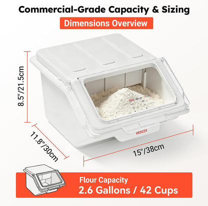 2.6 Gallon / 42 Cup Commercial Shelf Ingredient Bin with Scoop, Stackable Food Storage Container with Clear Flip Lid, Built-in FIFO Label and One-Hand Access for Flour Sugar Rice