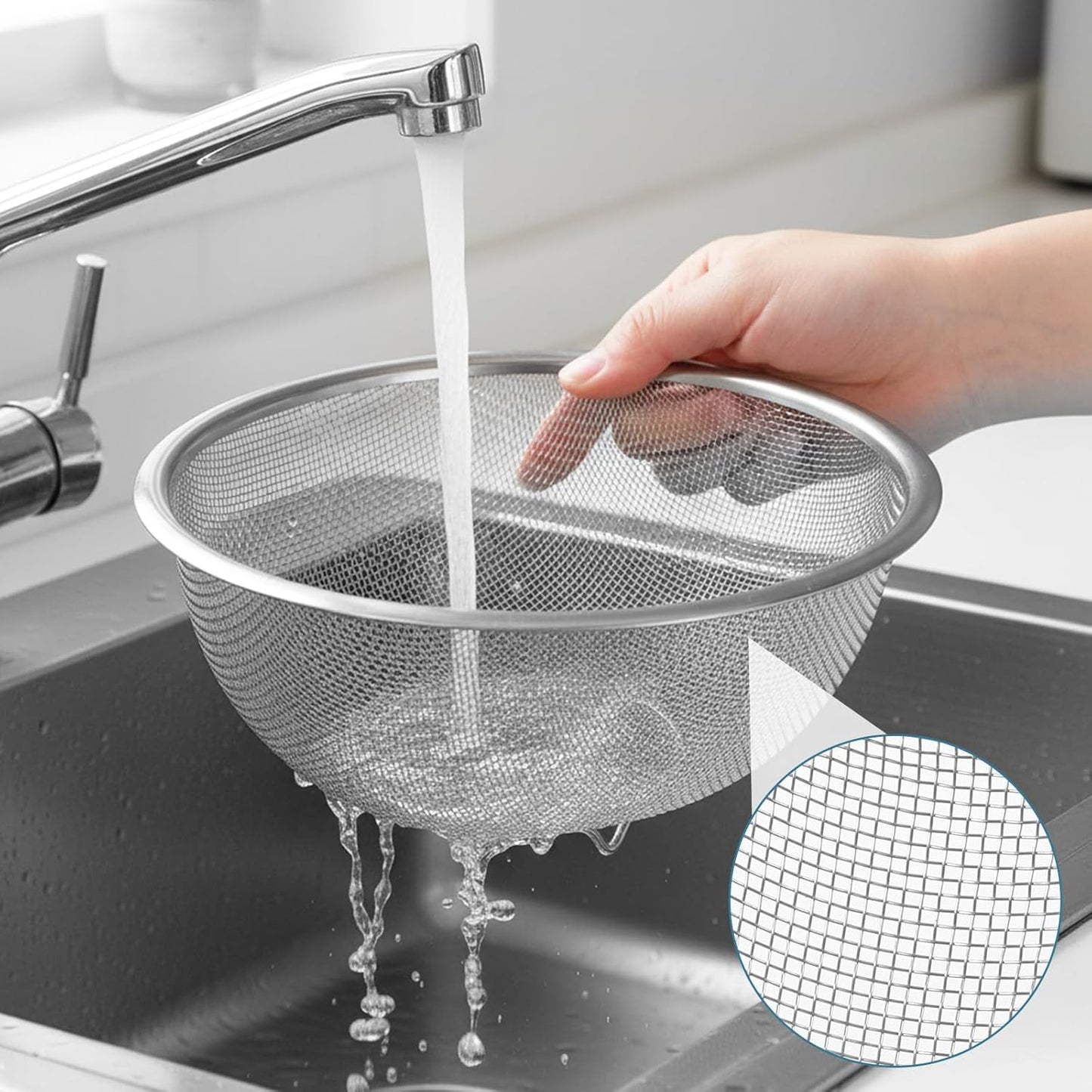 Stainless Steel Rice Washing Sieve Strainer Fine 7inch Washing Bowl Sieve Sifters Kitchen Mesh Net Basket Drainer for Pasta, Rice, Fruit,Vegetable,1PC