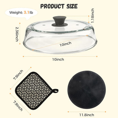 10" Glass Microwave Splatter Cover for Food with Silicone Trivet