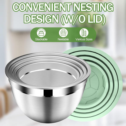 DUTZUN Mixing Bowls with Lids Set - 16pcs Stainless Steel Mixing Bowl Set with Colander, 3 Grater Attachments, Non-Slip Bottom, Metal Nesting Bowls with Strainer for Mixing & Serving - Black