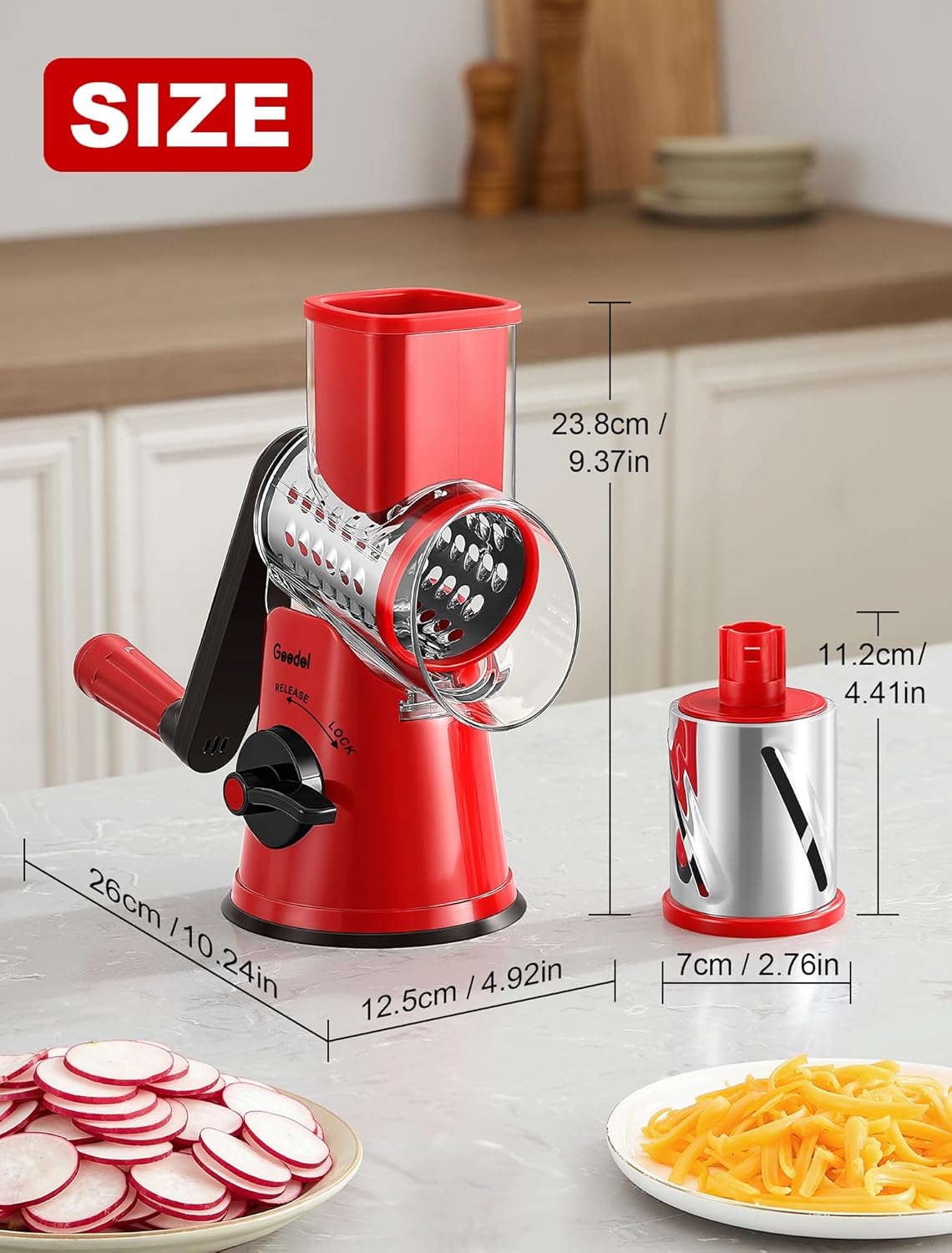 Geedel Rotary Cheese Grater, Kitchen Mandoline Vegetable Slicer with 3 Interchangeable Blades, Easy to Clean Rotary Grater Slicer for Cheese, Vegetables, Nuts
