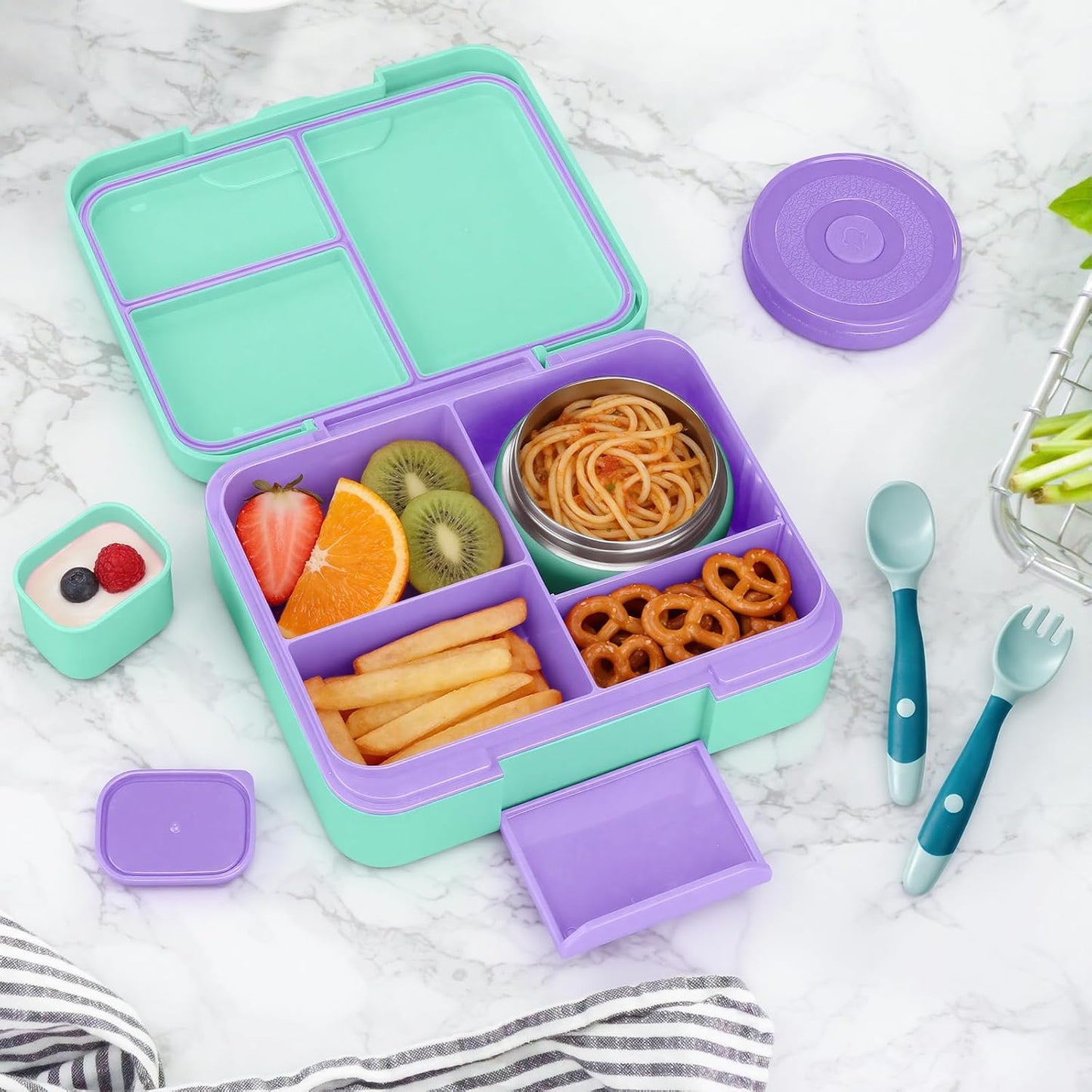 Bento Box Set with 9.5oz Soup Thermo Kids Leak-proof Lunch Box Container with 4 Compartment Stainless Steel Insulated Hot Food Jar with Bag for School Travel - Pink