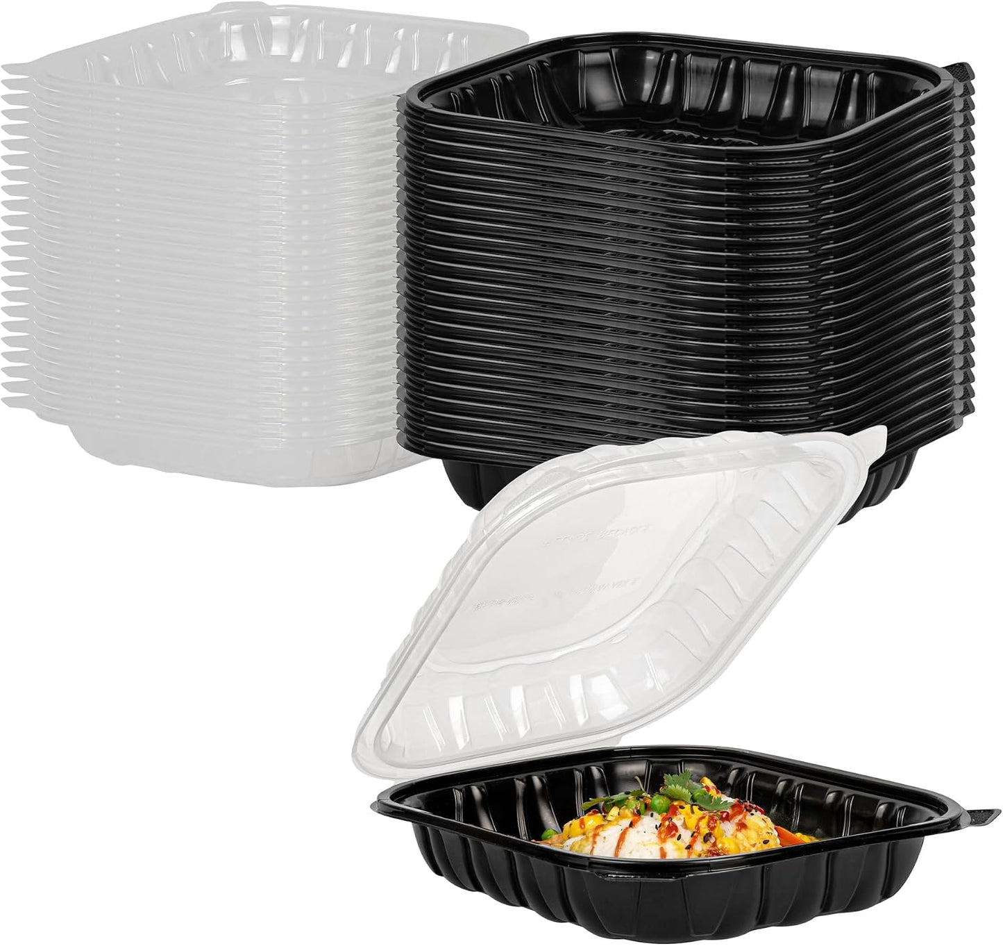 Thermo Tek 40 Ounce Clamshell Containers, 50 Disposable Take Out Boxes - 3 Compartments, Ventilated Lids, Black Plastic Meal Prep Containers, Microwavable, For Pasta Or Salads - Restaurantware