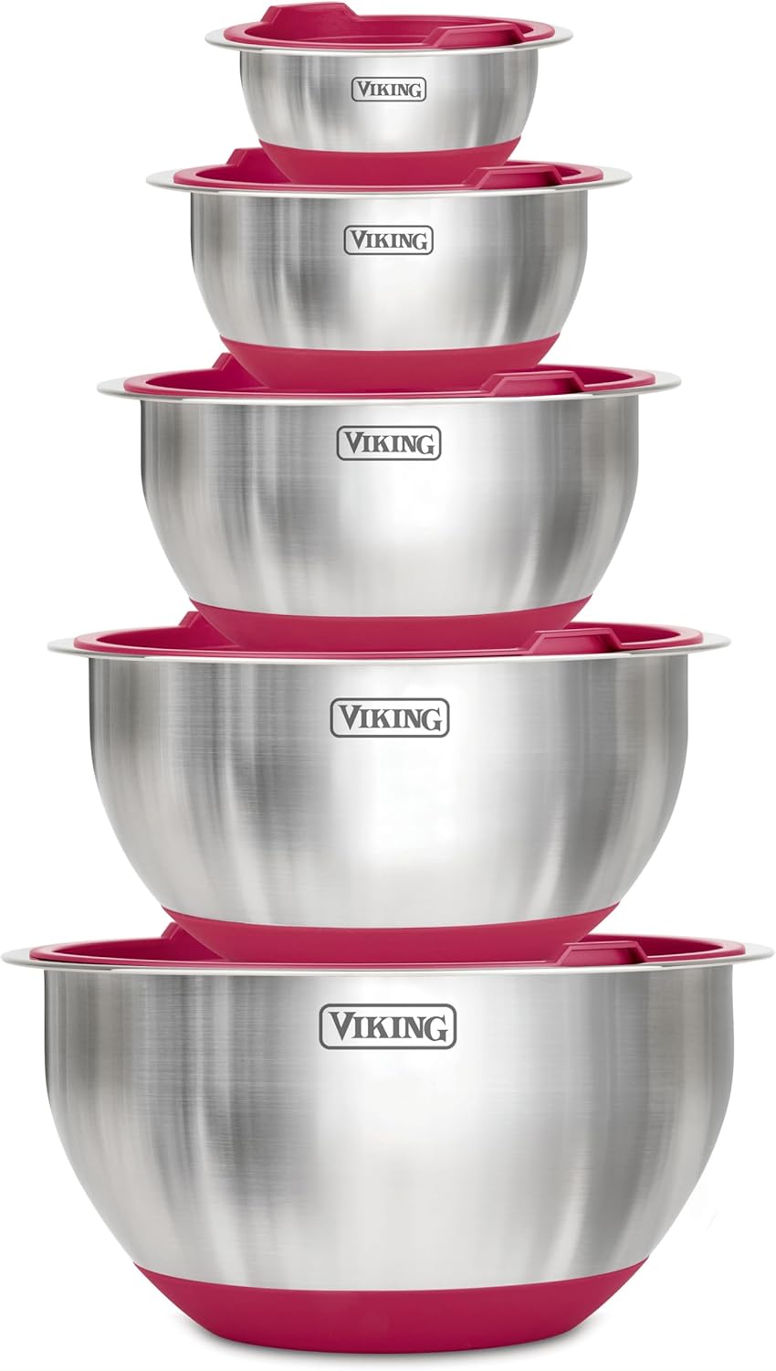 Viking Mixing Bowls Set, 10 Piece Stainless Steel Kitchen Cookware, Non-Slip Silicone Base, Includes Tight Fit Lids, Dishwasher Safe, Grey