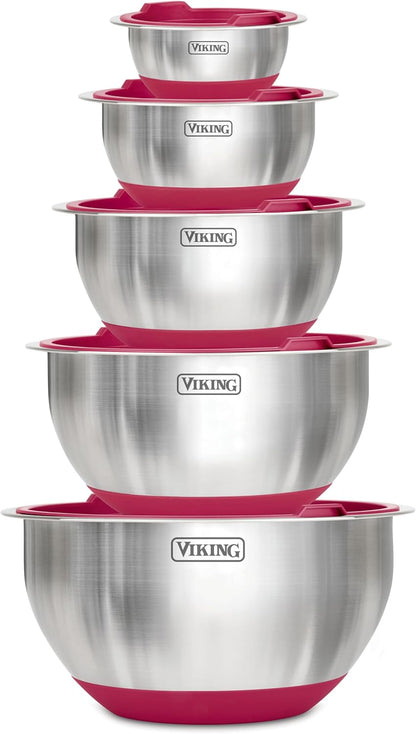 Viking Mixing Bowls Set, 10 Piece Stainless Steel Kitchen Cookware, Non-Slip Silicone Base, Includes Tight Fit Lids, Dishwasher Safe, Grey