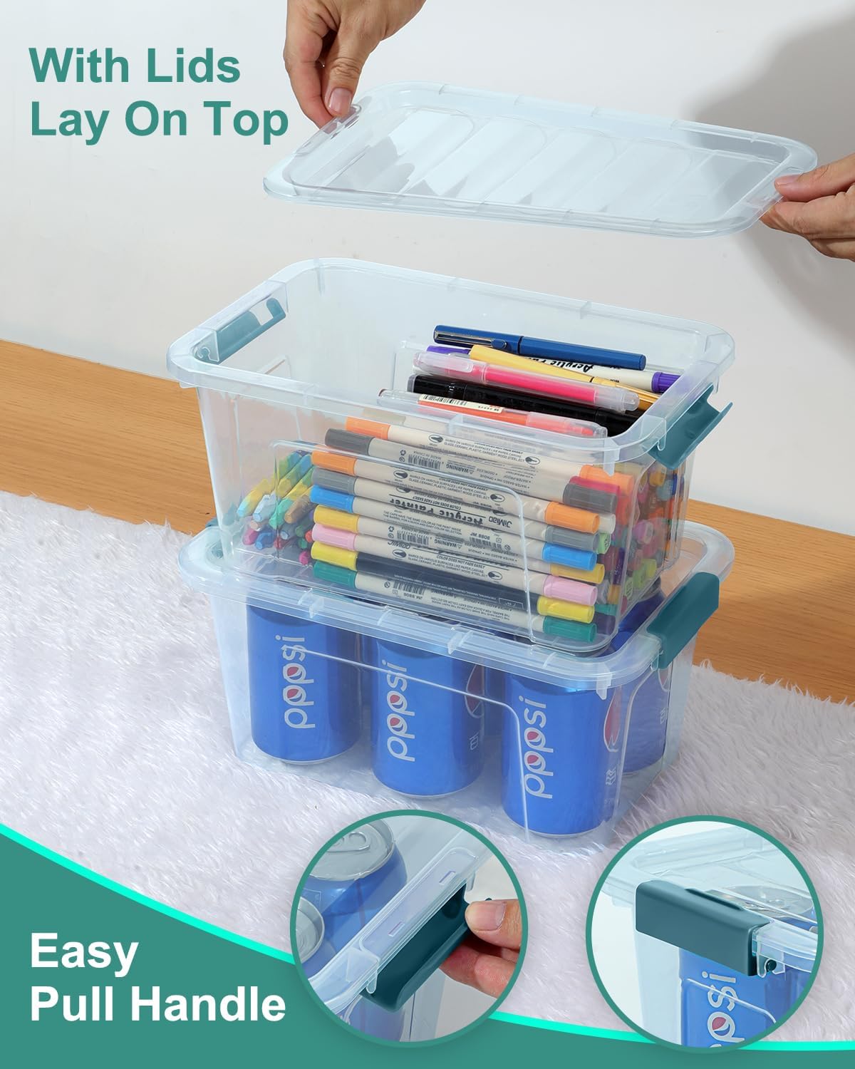 EOENVIVS Plastic Storage Bins with Lids 6 Pack, 7 Quart Storage Containers With Black Buckle Latch, Stackable Storage Organizers for Home Pantry Office Classroom Organization, Clear