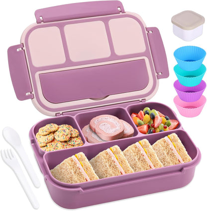 Bento Box Adult Lunch Box, Lunch Containers for Kids Girls Boys with 4 Compartments, Lunchable Food Container with Utensils, Sauce Jar, Muffin Liners, 40 Oz/5 Cup, Microwave Safe, Lavender