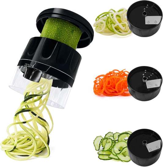 LHS Vegetable Spiralizer 3-in-1, Zucchini Noodle Maker for Veggie Pasta, Adjustable Blade Carrot Cucumber Cutter - Easy Clean Keto Kitchen Gadget (Black)