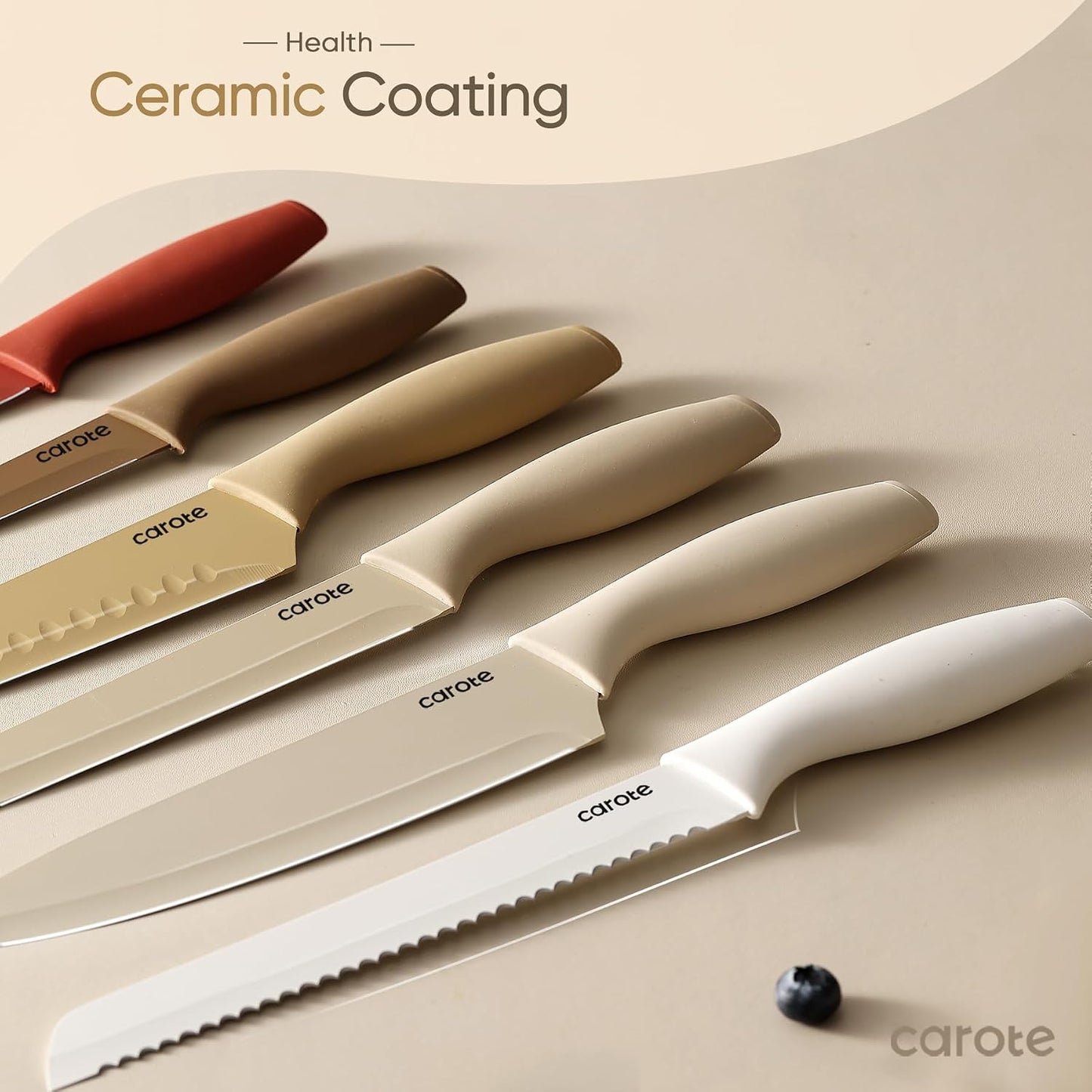CAROTE Knife Set, 11 Pcs Kitchen Knives with 5 Blade Guards & Non-Slip Cutting Board, Rustproof Stainless Steel 5 Kitchen Knife Set, Plain Black
