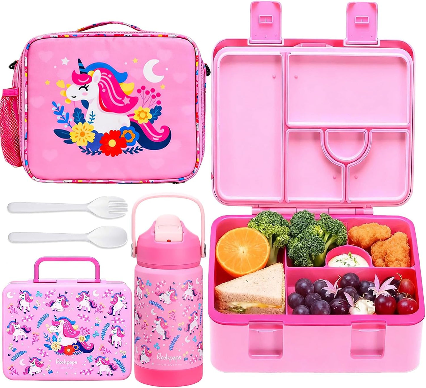 rockpapa Kids Lunch Box Set with 14oz Insulated Water Bottle & Lunch Bag, Leakproof 5.5 Cups Bento Box for School & Children, BPA-Free, Microwave Safe for Boys Girls (Grey Constr Turcks)
