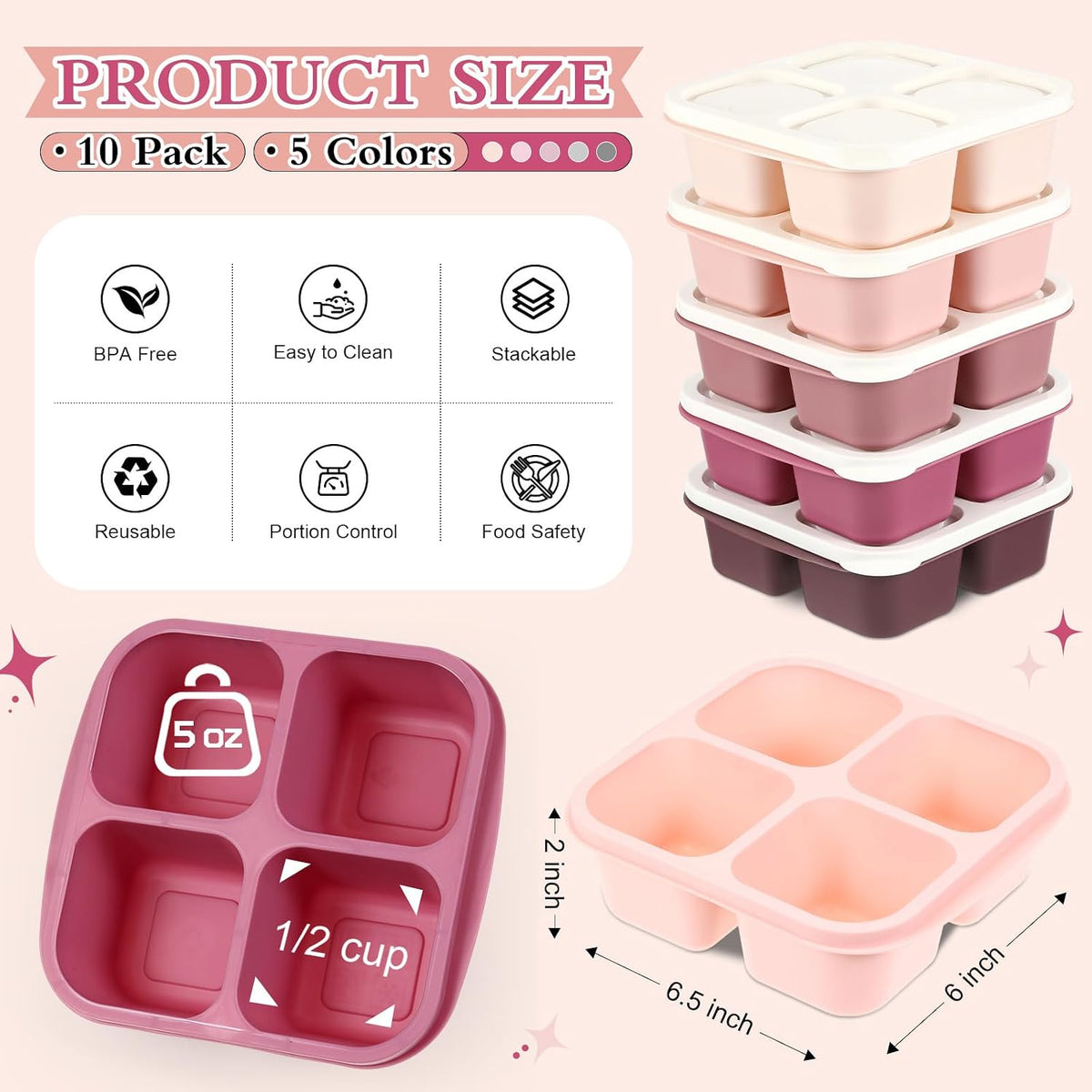 Honeydak 10 Pack Bento Snack Containers 4 Compartment Snack Boxes Reusable Containers with Lids Divided Meal Prep Lunch Food Storage Box for School Work Travel