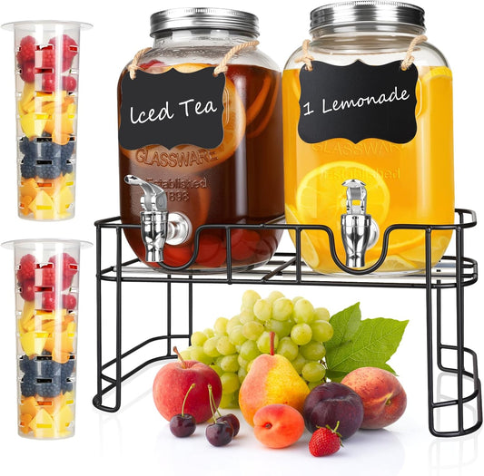 1 Gallon Glass Beverage Dispenser Jars, Ice Juice Dispenser with Leak Proof Faucet and Metal Stand for Parties & Wedding (2 Pack Jars）