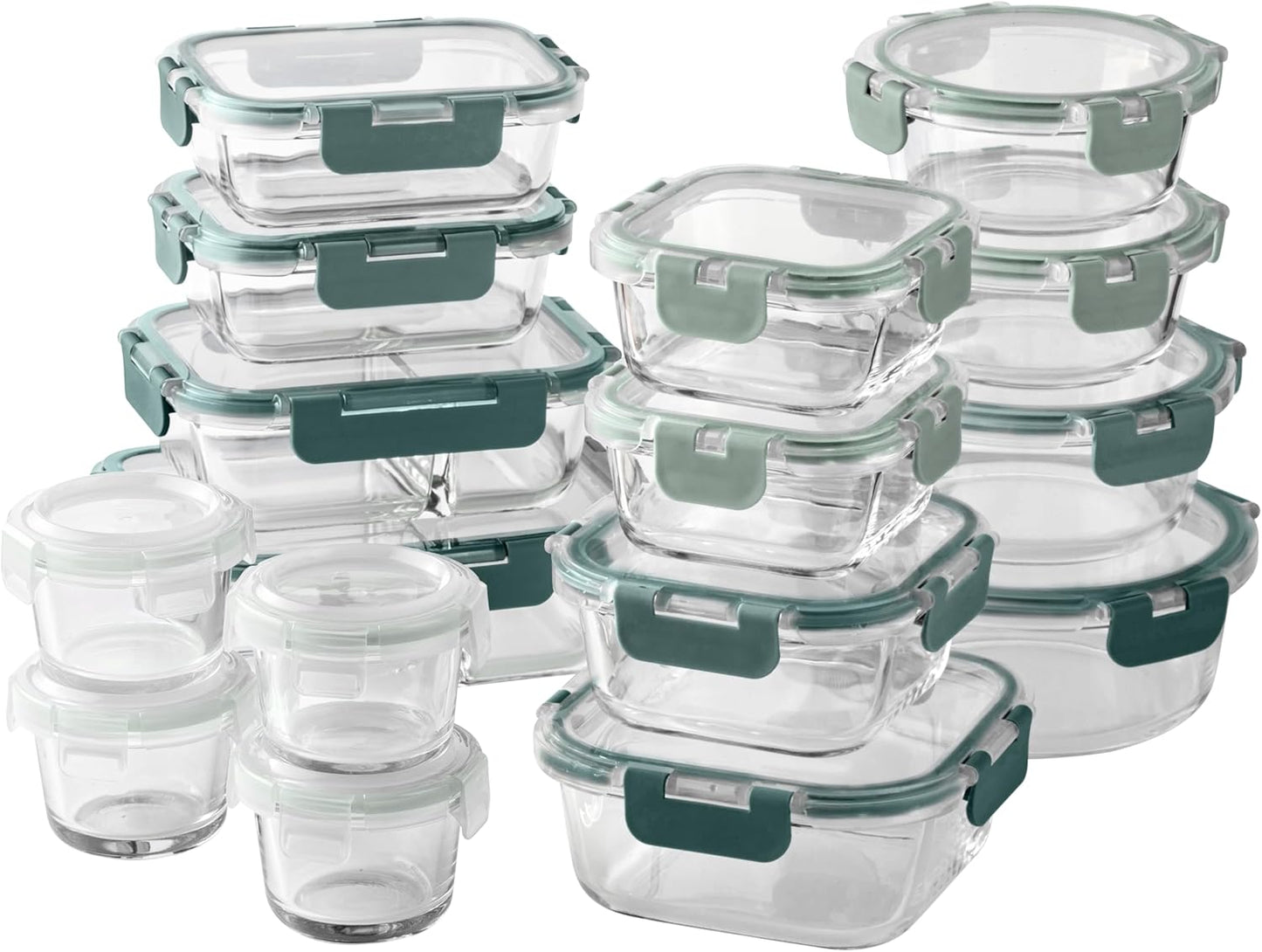 COOK WITH COLOR Premium 32-Pc. Borosilicate Glass Food Container Set with Dividers - 4 Rectangles, 8 Rounds, 4 Squares - Leakproof Lids - Meal Prep, Storage, Fluted Ombre Green