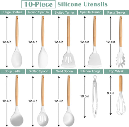 E-far Silicone Cooking Utensils Set, 5-Piece Kitchen Utensils Set with Wooden Handle for Cooking, Silicone Kitchen Nonstick Tools Spatula Turner Slotted Spoons, Nontoxic & Heat Resistant-Khaki