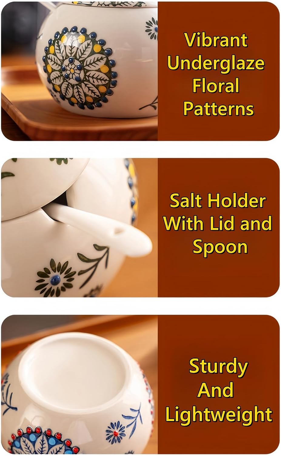 Ceramic Chicken Salt Cellar with Lid and Spoon, 13 OZ Chicken Decor, Blue