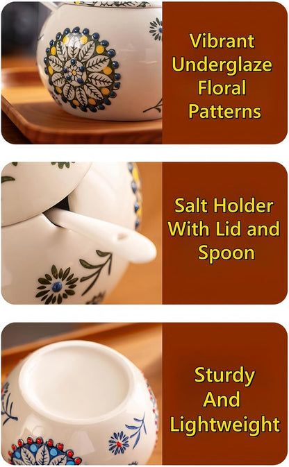 Ceramic Chicken Salt Cellar with Lid and Spoon, 13 OZ Chicken Decor, Blue