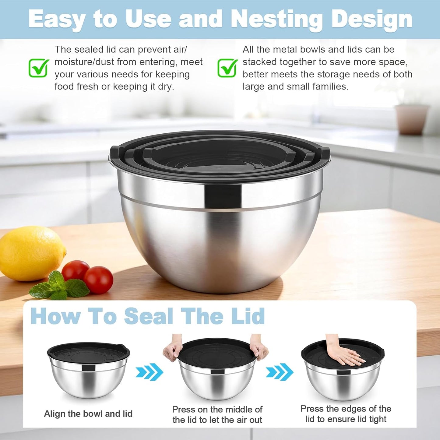 TeamFar Mixing Bowls, Stainless Steel Nesting Salad Bowls with Airtight Lids Set, For Serving/Mixing/Storing, Healthy & Long-lasting, Dishwasher Safe & Easy Clean, 4.6/3 / 1.5 QT, Colorful