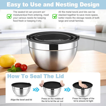 TeamFar Mixing Bowls, Stainless Steel Nesting Salad Bowls with Airtight Lids Set, For Serving/Mixing/Storing, Healthy & Long-lasting, Dishwasher Safe & Easy Clean, 4.6/3 / 1.5 QT, Colorful