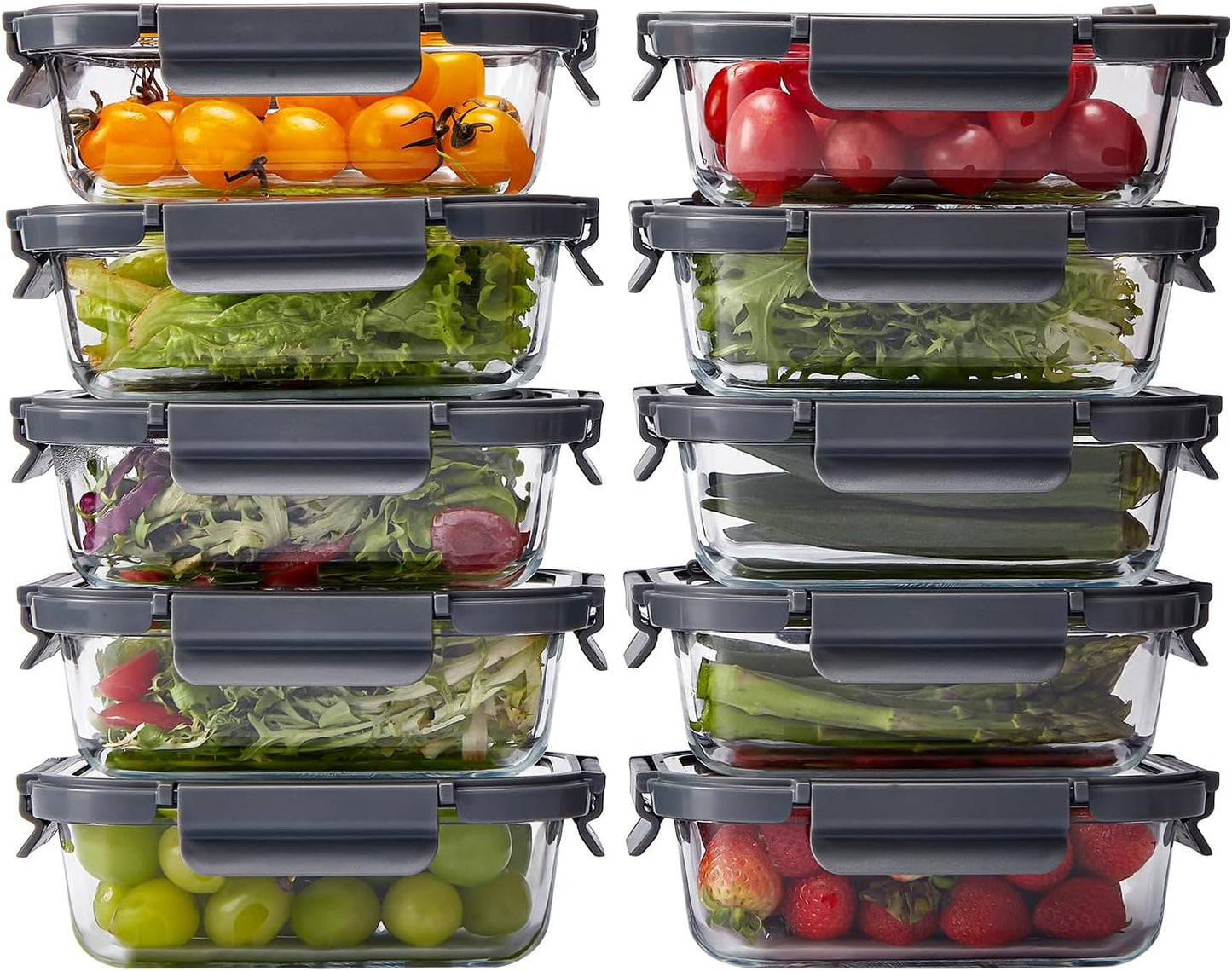 Glass Food Storage Containers with Lids,10 pack [36oz*5+13.5oz*5], Glass Meal Prep Container with Airtight Lids, Microwave Safe Food Container Set, BPA Free, LeakProof, Ideal for Lunch