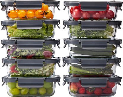 Glass Food Storage Containers with Lids,10 pack [36oz*5+13.5oz*5], Glass Meal Prep Container with Airtight Lids, Microwave Safe Food Container Set, BPA Free, LeakProof, Ideal for Lunch