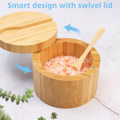 HTB Bamboo Salt Cellar with Mini Spoon and Magnetic Swivel Lid