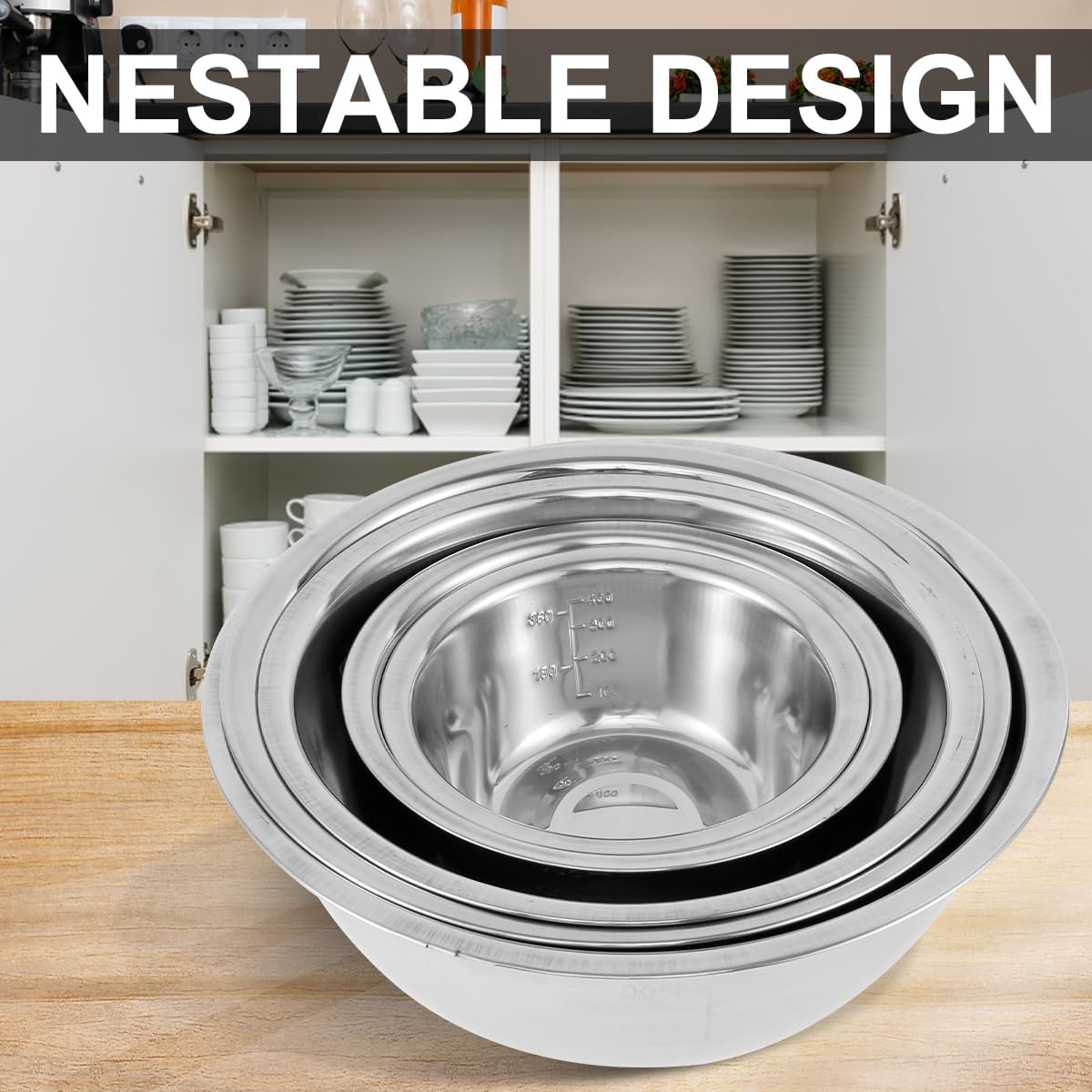 10 Pack Stainless Steel Bowls, Nesting Mixing Bowl Set with Scale Marks, 5 Different Size (4.5, 3,2,1.5,0.7QT) Baking Metal Mixing Bowls for Kitchen Food Prep Storage And Serving, Cooking, Baking (10)