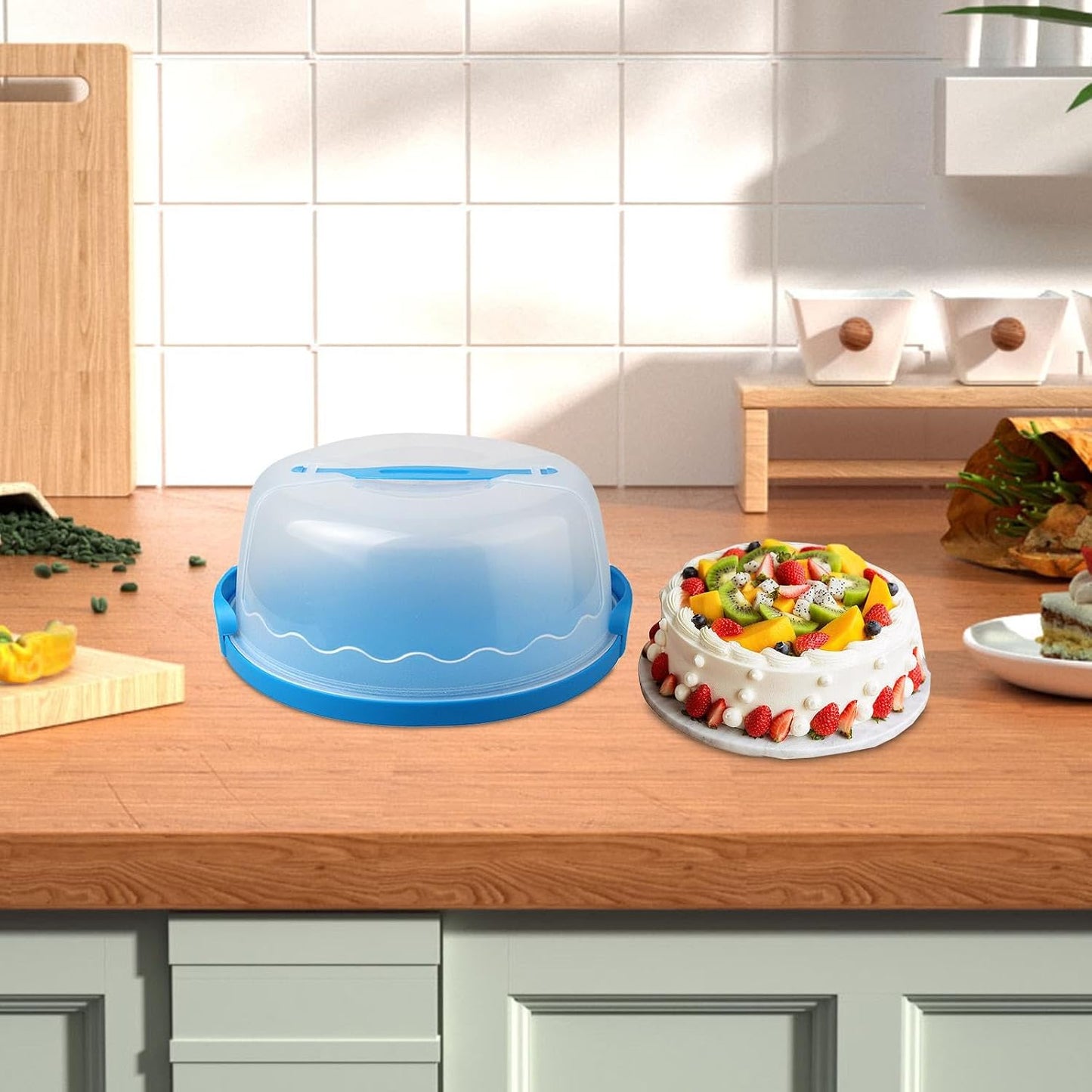 MagiDeal Cake Carrier,Cake Keeper Stand,Fits 10 inch Cake,Holds Pies,Round Cupcake Storage,with Lid and Handle,Cake Storage Container, green, 28.7cmx13cm