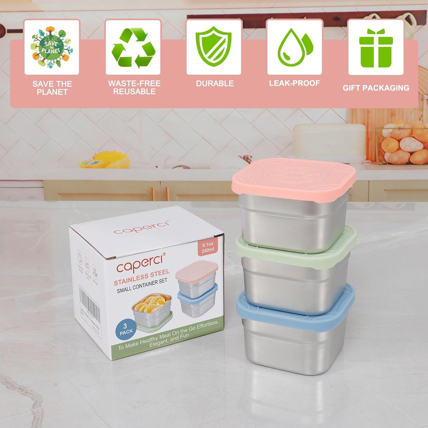 Caperci 25oz Stainless Steel Food Containers, 3-Pack Bento Lunch Box with Silicone Lids, Leak-Proof Reusable Meal Prep Container for Sandwiches & Snacks, BPA-Free (720ML)