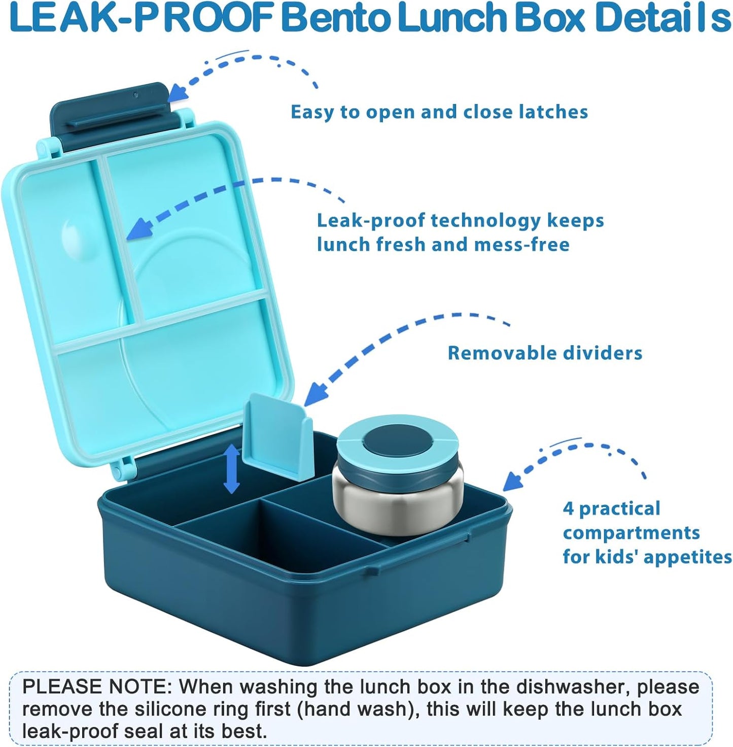 Bento Lunch Box Set for Kids with 8oz Soup Thermo, Leak-Proof Lunch Containers with 4 Compartment, Kids Thermo Hot Food Jar and Insulated Lunch Bag for Kid to School-Black