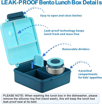 Bento Lunch Box Set for Kids with 8oz Soup Thermo, Leak-Proof Lunch Containers with 4 Compartment, Kids Thermo Hot Food Jar and Insulated Lunch Bag for Kid to School-Black