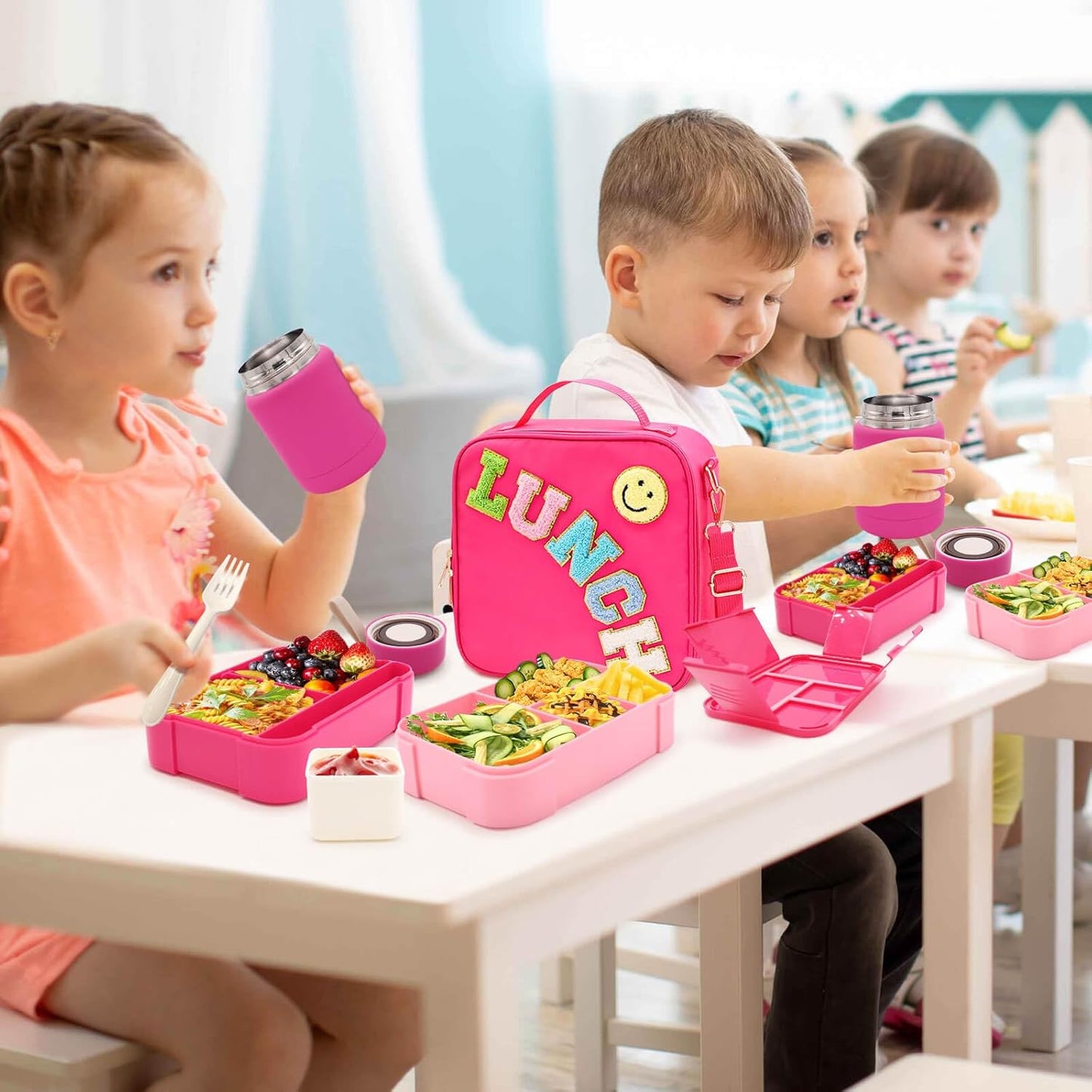 Insulated Lunch Bag for Boys Girls with 10oz Thermo, with 6 Compartment Bento Box, Black Nylon Preppy Lunch Box Adjustable Strap for Boy Girl Kids Teens School Travel Picnic