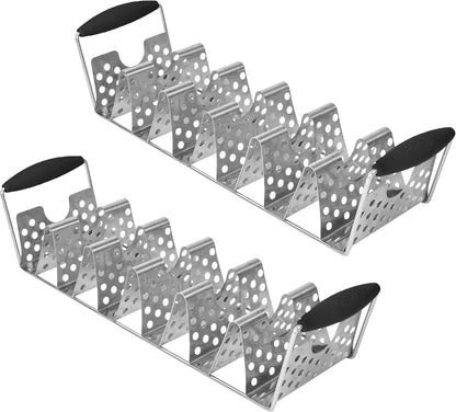 BLACKSTONE 5551 Deluxe Taco Holder Stand Pack of 2 - Stainless Steel Taco Racks With Heat Resistant Handles - One Tray Holds 6 Tacos - Dishwasher Safe, Black/Silver