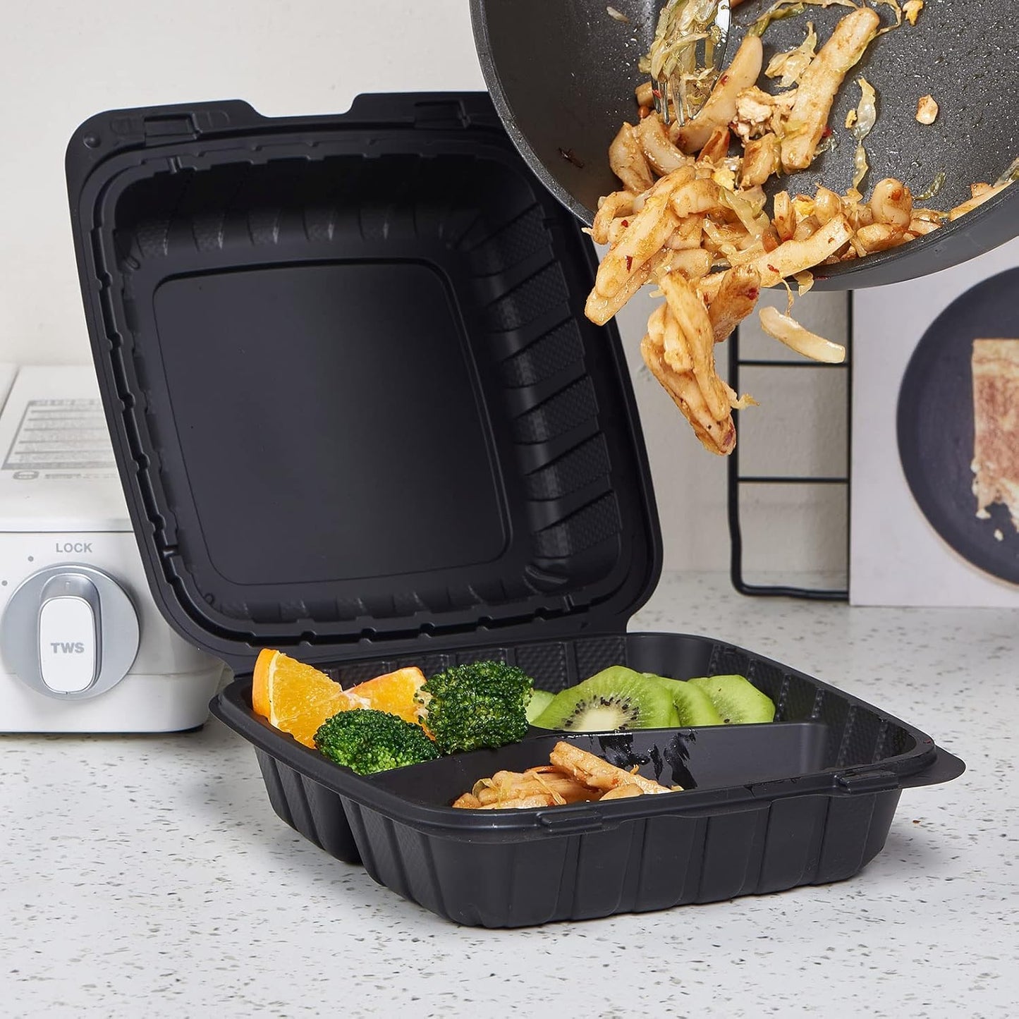 FULING [8x8-Inch, 50 Pieces, 3-Compartment Disposable To Go Box Containers, Plastic Clamshell Takeout Food Trays, Microwave Safe, Cut Resistantstable Hinged Lid, Hybrid Polypropylene, White
