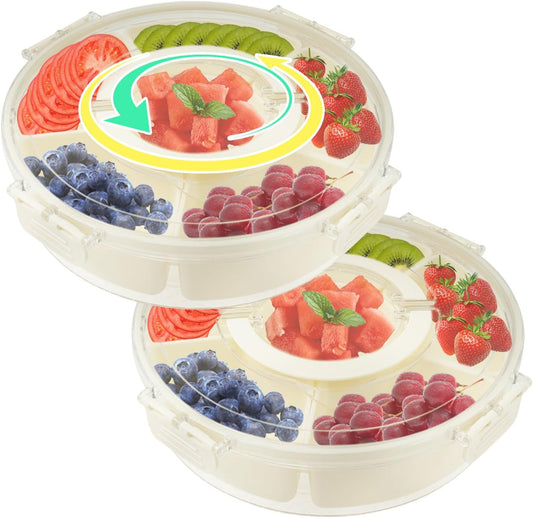 2 PCS Round Snack Tray Box with Lid, Rotating Container Snack Veggie Tray with Handle, Fruit Platter Spinner Container for Home Charcuterie Veggie Fruit Picnic Travel Party