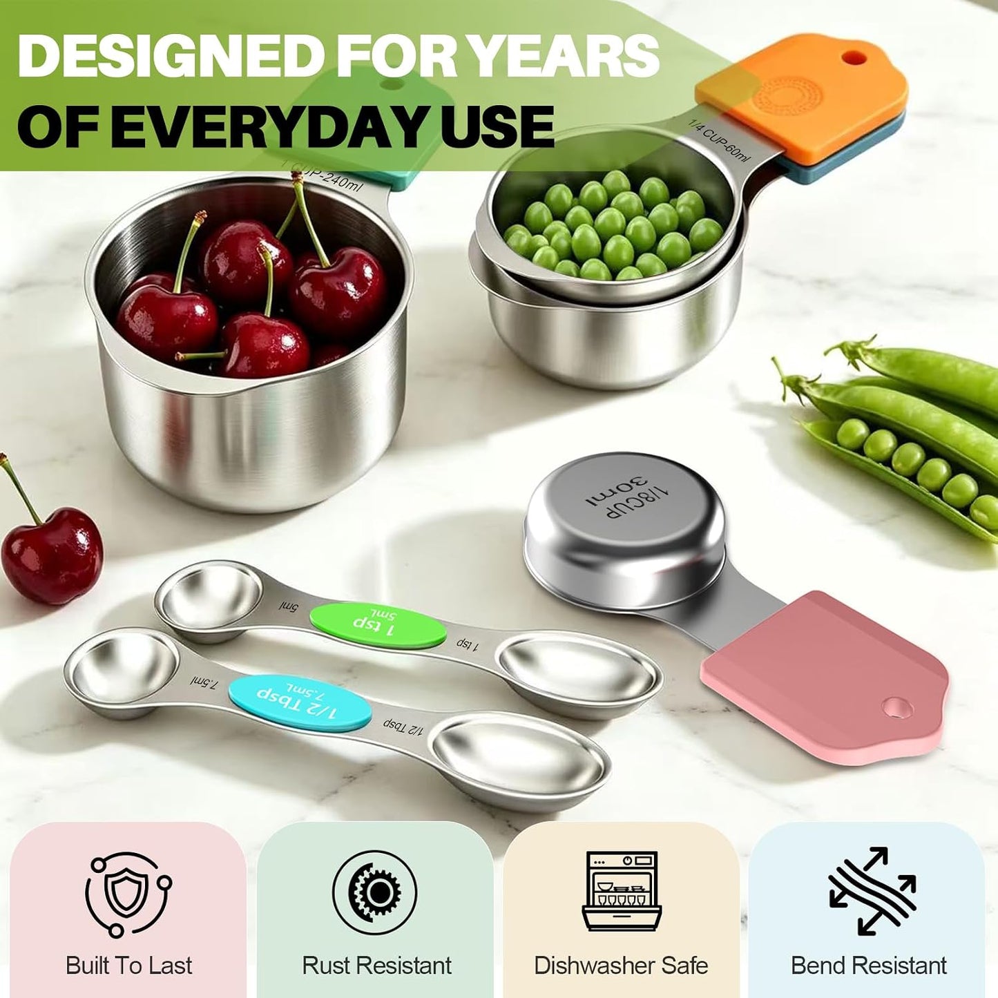 Magnetic Measuring Cups & Spoons Set, Strong N52 Magnets, Heavy Duty 304 Stainless Steel, Dual-Sided Design Fits Spice Jars, Easy-to-Read Markings, 16-Piece Set with Leveler for Baking & Cooking