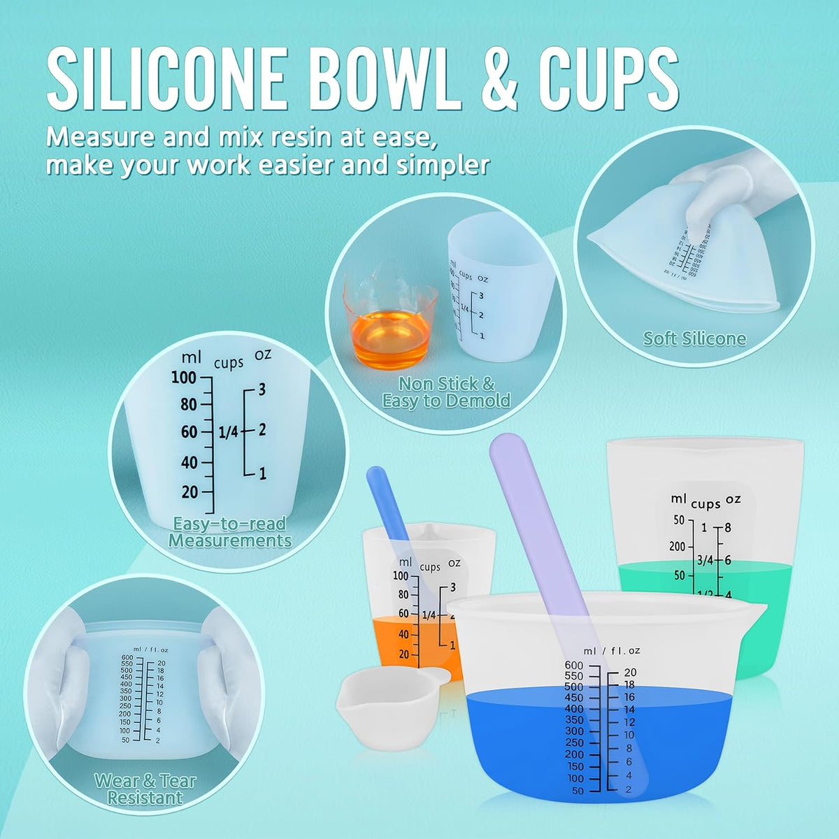 Silicone Resin Mixing Measuring Cups for Resin Supplies, 600ml/20oz Bowl, 250 & 100ml Thickened Reusable Silicone Cups for Epoxy Mixing, with Stir Sticks and Pipettes, Jewelry Making