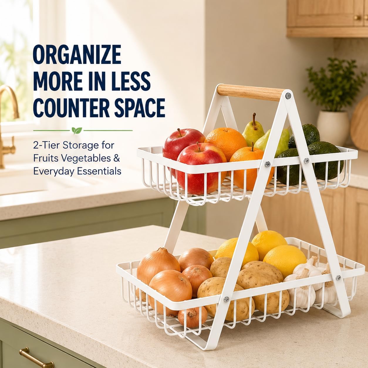 mahueeol 2-Tier Metal Fruit Basket for Kitchen Counter with Wooden Handle | Detachable rectangular baskets hold fruits, vegetables, bread and snacks; use stacked or separately in kitchens and pantries