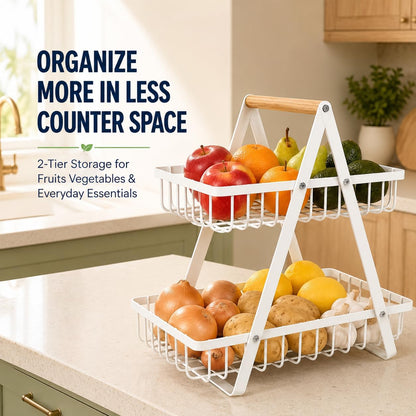 mahueeol 2-Tier Metal Fruit Basket for Kitchen Counter with Wooden Handle | Detachable rectangular baskets hold fruits, vegetables, bread and snacks; use stacked or separately in kitchens and pantries