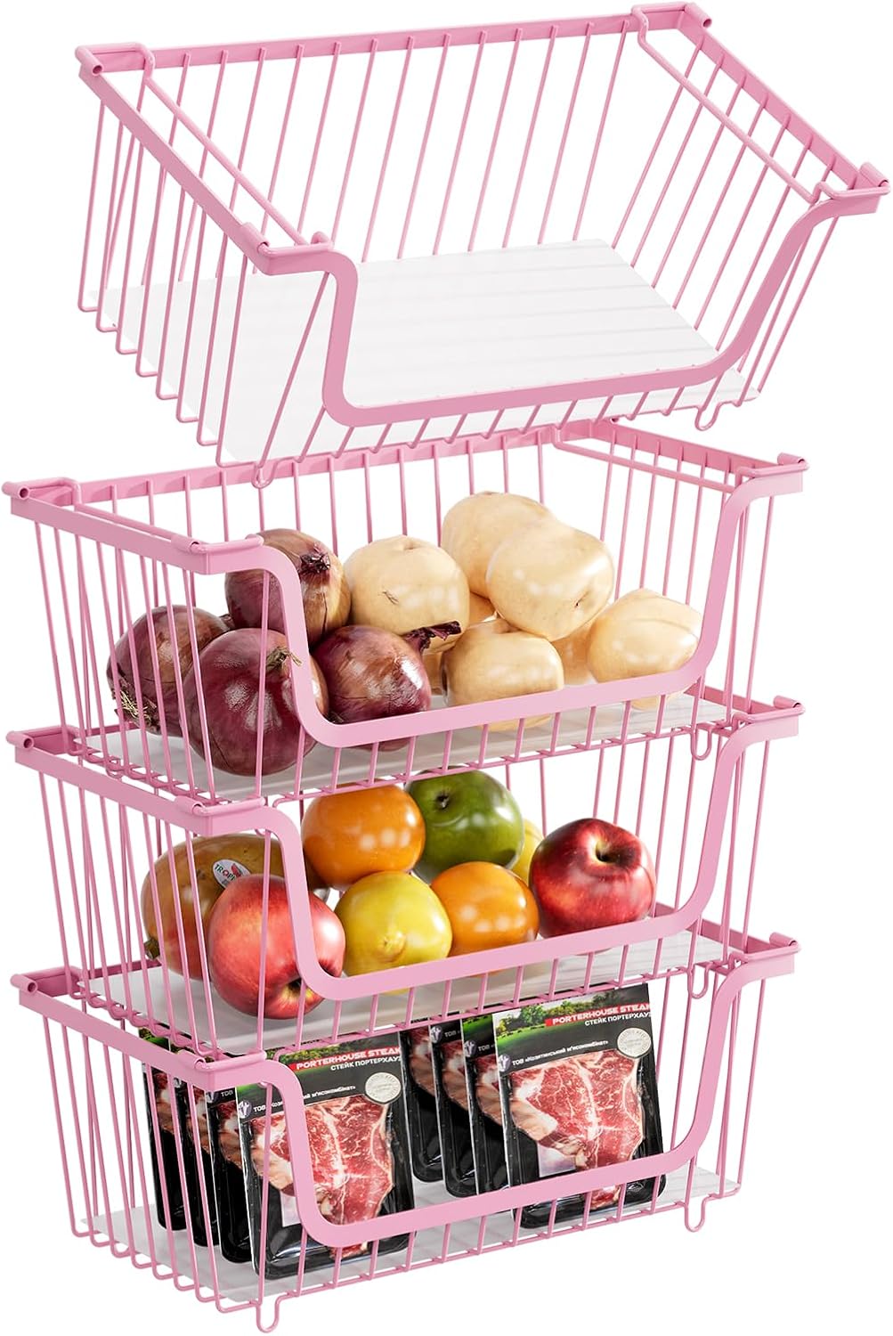 GAOKASE 4 Pcs Stackable Wire Baskets for Pantry Organizers and Storage,Vegetable Fruit Basket for Countertop,Kitchen Storage Metal Baskets,Produce Potato Onion Storage Bin-Black