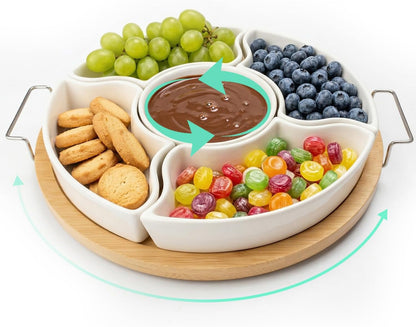 360° Rotating Chip and Dip Set, 12" Divided Serving Tray for Entertaining, Relish Tray for Party, Lazy Susan Taco Bar, Appetizer Serving Platter for Veggies, Candy, Fruit and Snacks