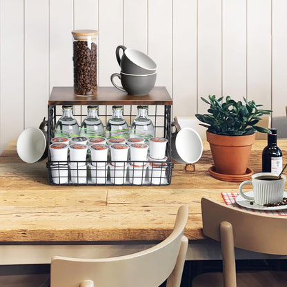 White Fruit Bowl Wire Basket Storage Pantry Fruit and Vegetable Storage Fruit Basket for Kitchen Counter Stackable Wall Mounted Hanging Basket Wire Basket with Wood Lid with Hanger Hooks