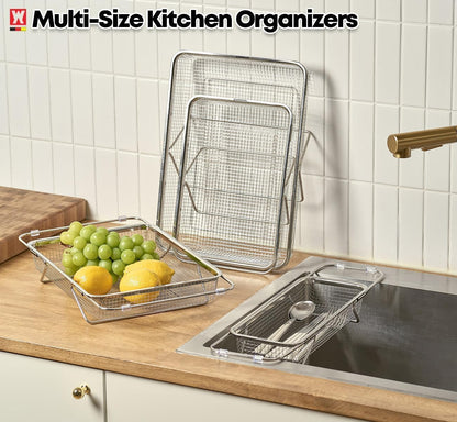 WAGENSTEIGER Extendable Dish Rack with Feet, Vegetable Colander Basket, Stainless Steel Dish or Silverware Drying Rack, Ultimate Kitchen Organizer Over the Sink (11.81 x 8.27 x 2.76 Inches)