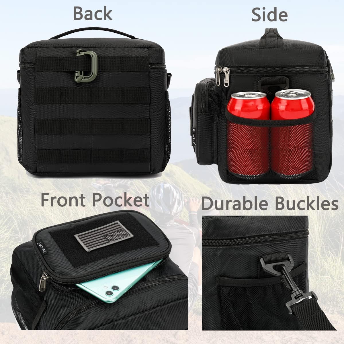 FlowFly Lunch Bag, Insulated Cooler, Thermal Lunch Box Tote with MOLLE/PALS Webbing, Adjustable Padded Shoulder Strap, for Tactical Men Women Adults and Boys Girls Kids (Cyan, Medium)