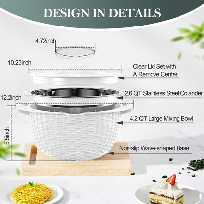 4-in-1 Colander with Bowl Set — Patented 360° Rotatable Strainer Bowl with 3 Graters, Snap-On Lid & Non-Slip Base, Funny Kitchen Present for Women, Aesthetic Pasta Fruit Vegetable Strainer (Beige)