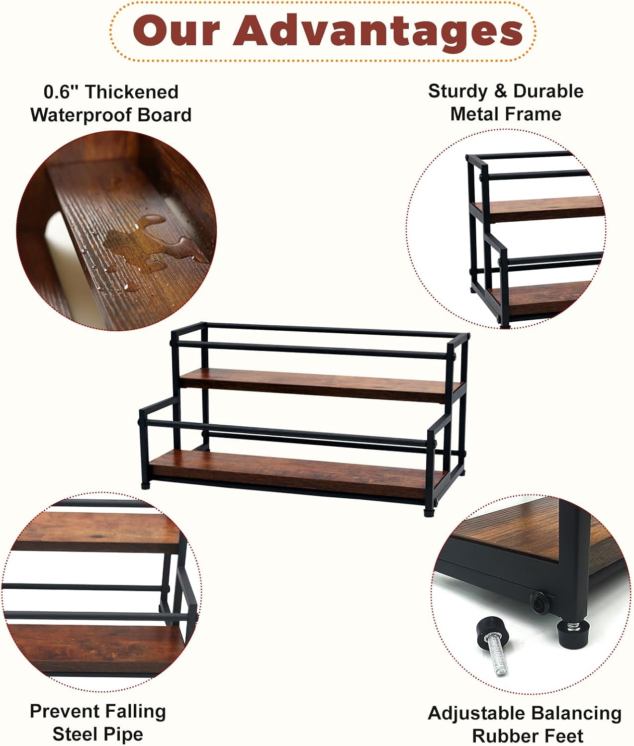 Countertop Liquor Bottle Organizer Shelf, 3-Tier | Rustic Display Rack, For Wine & Coffee Syrups, Freestanding Bar and Kitchen Storage, Easy-Carry Handles