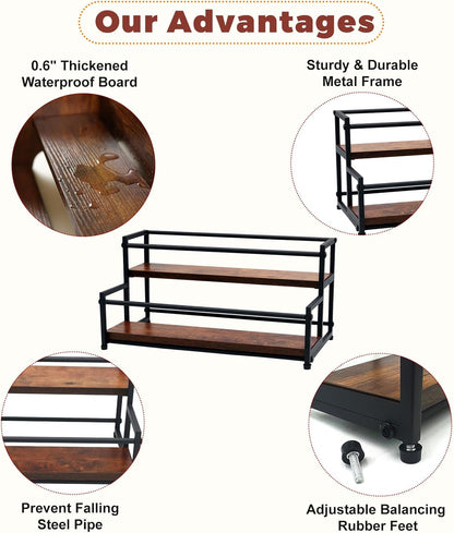 Countertop Liquor Bottle Organizer Shelf, 3-Tier | Rustic Display Rack, For Wine & Coffee Syrups, Freestanding Bar and Kitchen Storage, Easy-Carry Handles